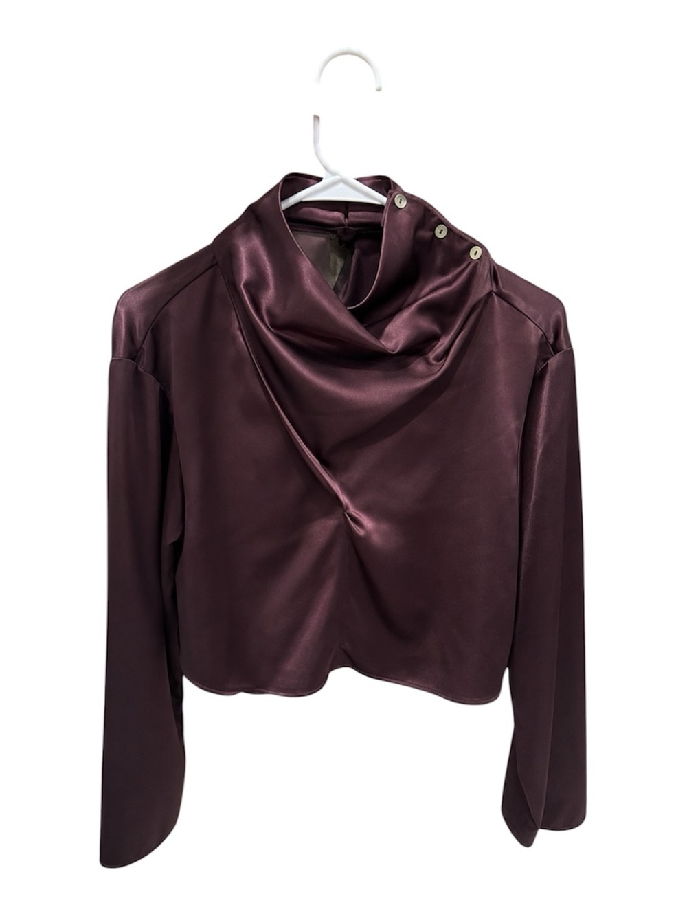 Zara Satin Draped Cowl Neck Top in Deep Plum